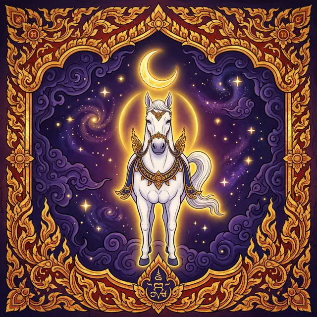 การ์ดวันจันทร์ — ม้าพาหนะประจำวัน ลายไทยสีทองบนพื้นจักรวาล