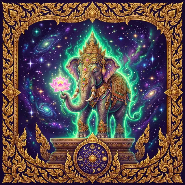 การ์ดวันพุธ — ช้างพาหนะประจำวัน ลายไทยสีทองบนพื้นจักรวาล