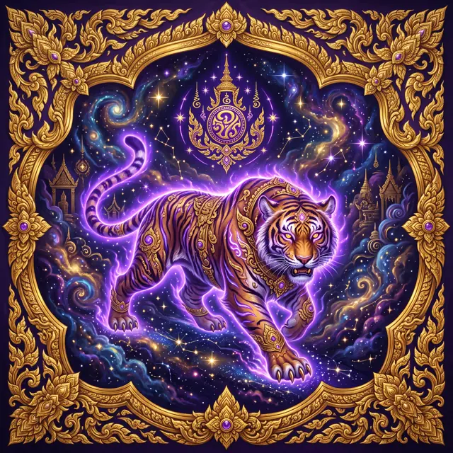 การ์ดวันเสาร์ — เสือพาหนะประจำวัน ลายไทยสีทองบนพื้นจักรวาล